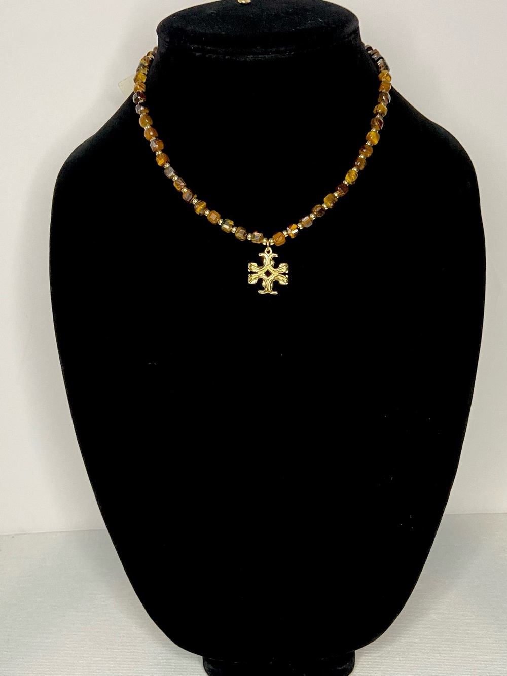 Tory Burch Tigers eye Brown Beaded Necklace with Gold Cross Pendant w light box - Picture 3 of 5